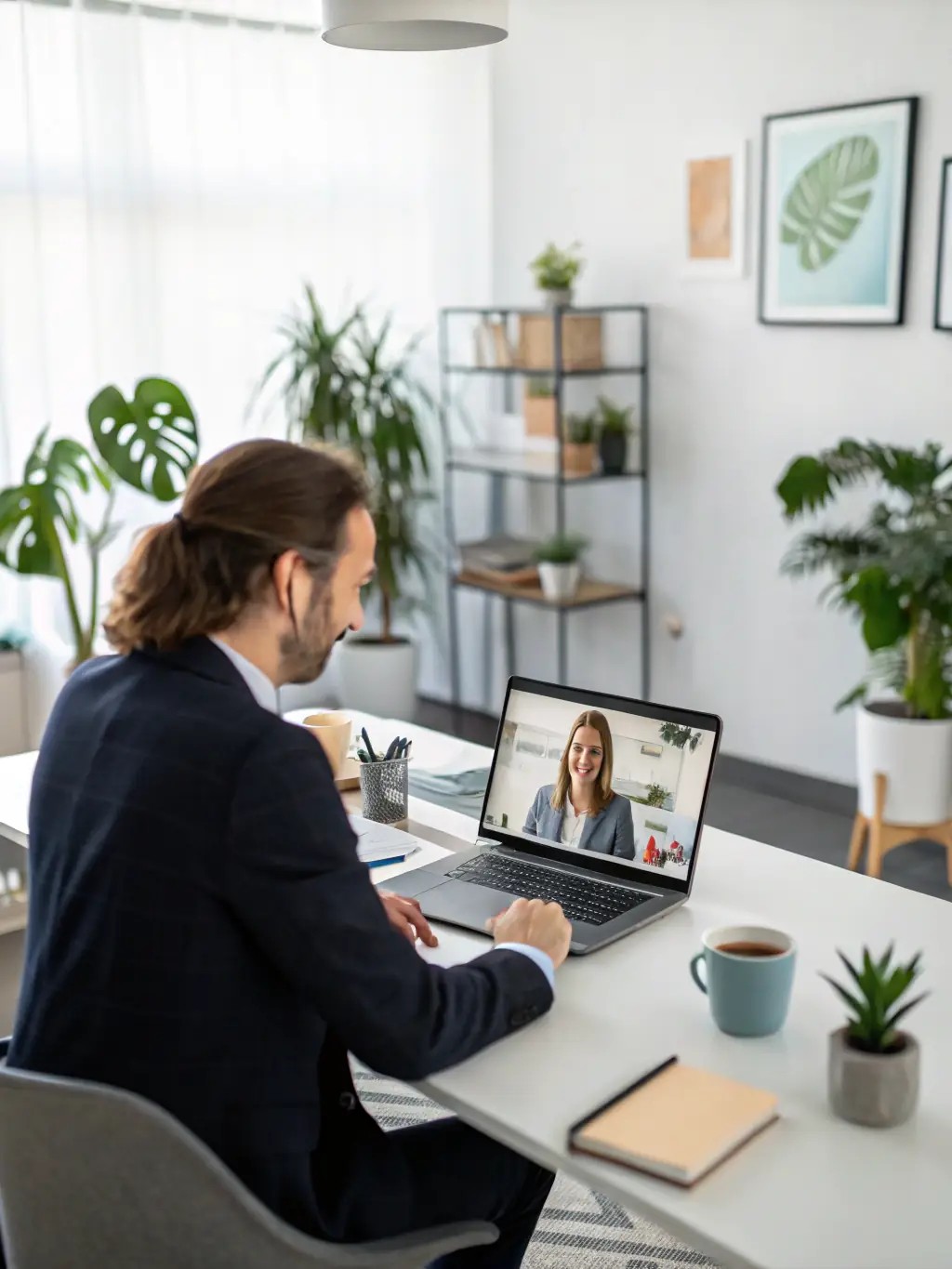 An image of a business coach explaining asset allocation strategies to a client via WhatsApp video call.