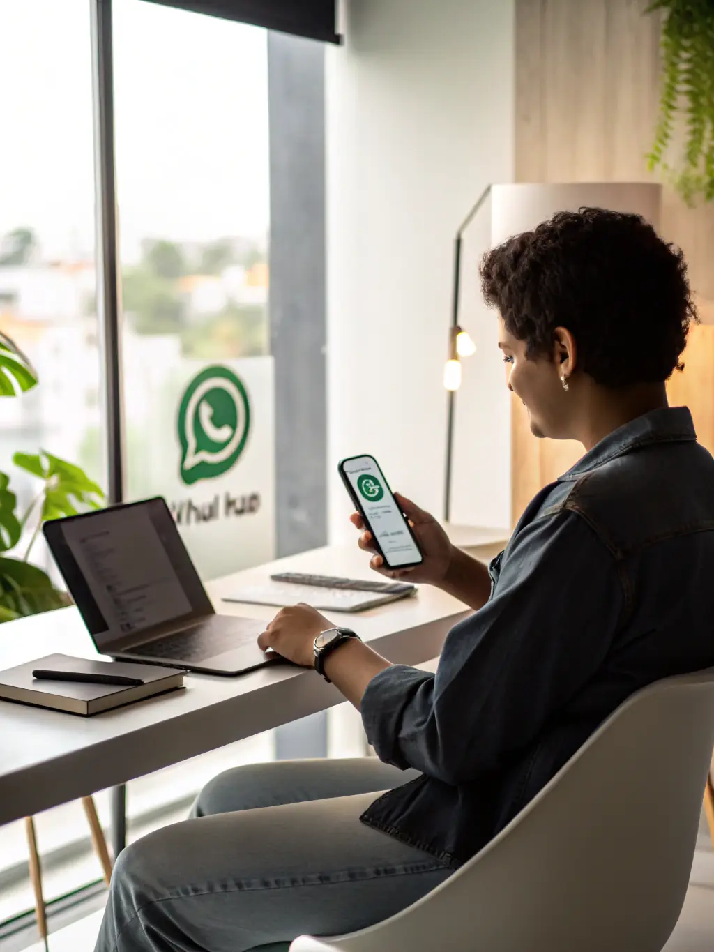A professional coach is providing financial advice to a client via WhatsApp on a smartphone, showcasing the convenience of remote coaching.