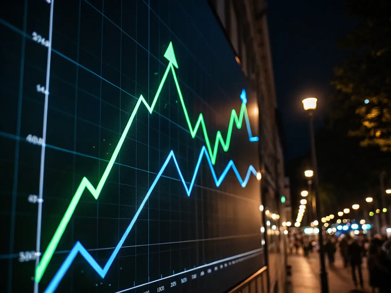 A graph showing upward trends in investment returns, with a magnifying glass focusing on the peak of the graph. The image represents strategic investment and financial growth.